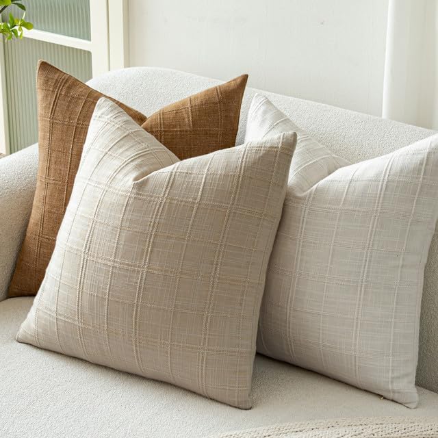 Natural Plaid Linen Cotton Pillow Covers 12x20 Set of 2