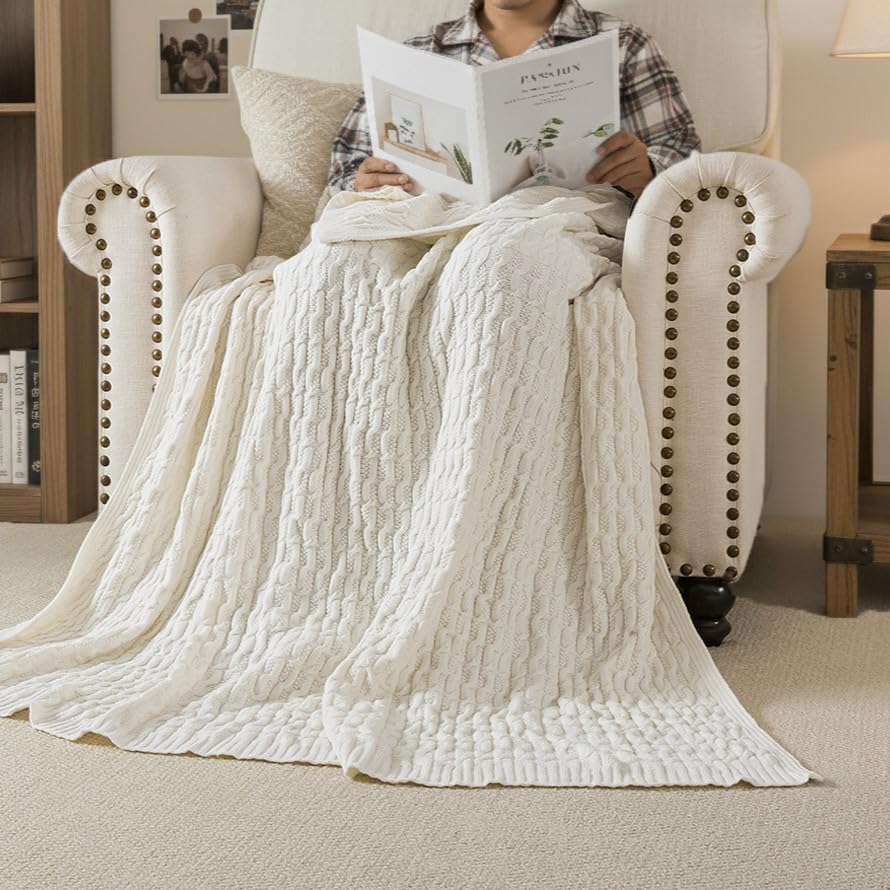 Cream Jacquard Cable Knit Throw Blanket 50x60 Inches