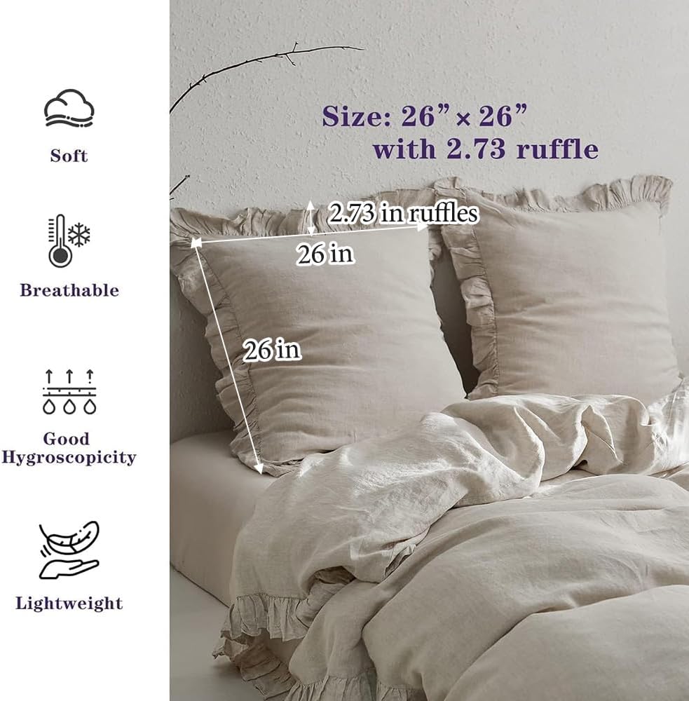 Natural Ruffled Linen Euro Pillow Covers 26"x26" Set of 2