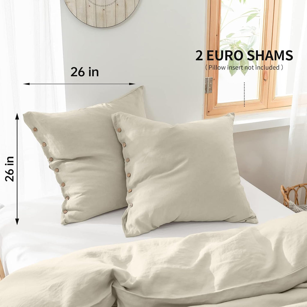 Natural Linen Coconut Button Euro Pillow Covers 26"x26" Set of 2