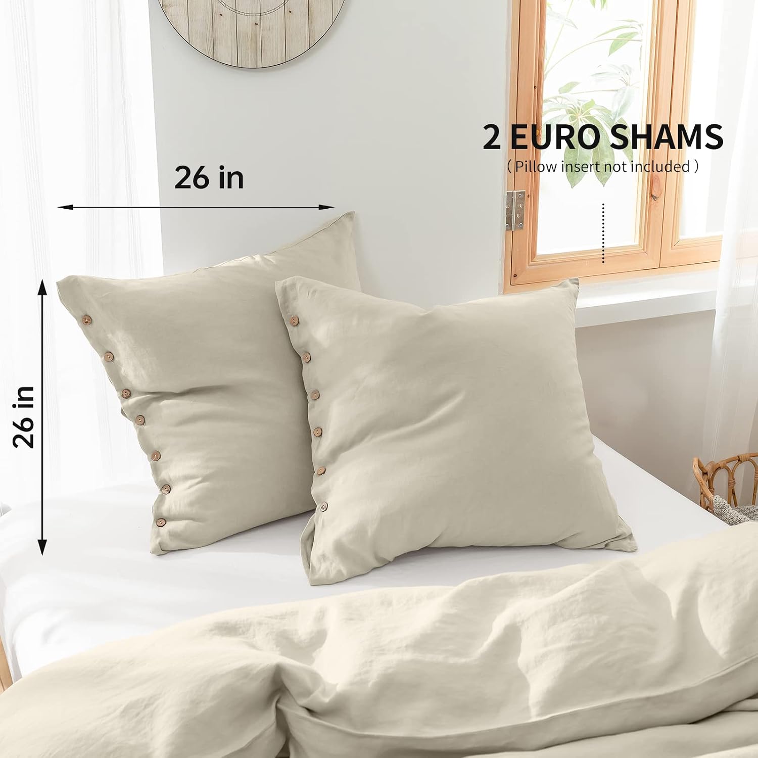 Natural Linen Coconut Button Euro Pillow Covers 26"x26" Set of 2