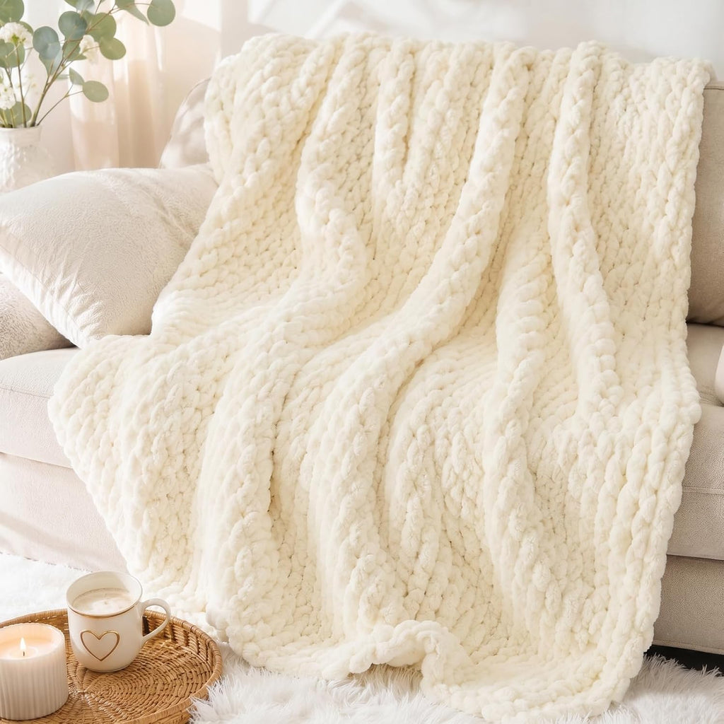 Boho Chunky Cable Knit Chenille Throw Blanket 50x60
