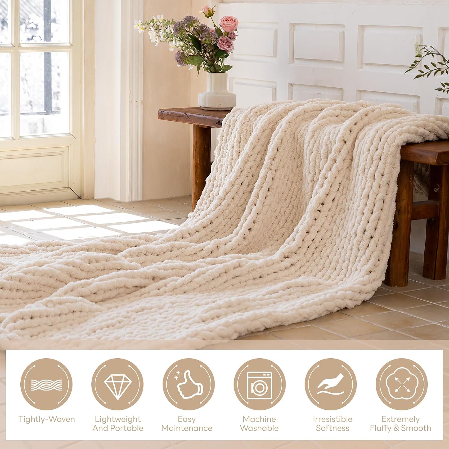 Cream Rope Knot Chunky Knit Throw Blanket 50"x60"