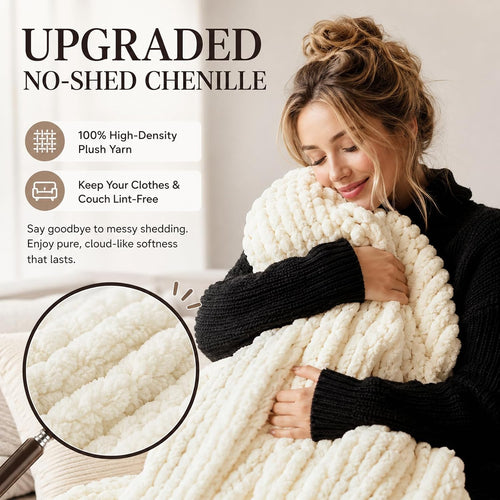 Boho Chunky Cable Knit Chenille Throw Blanket 50x60