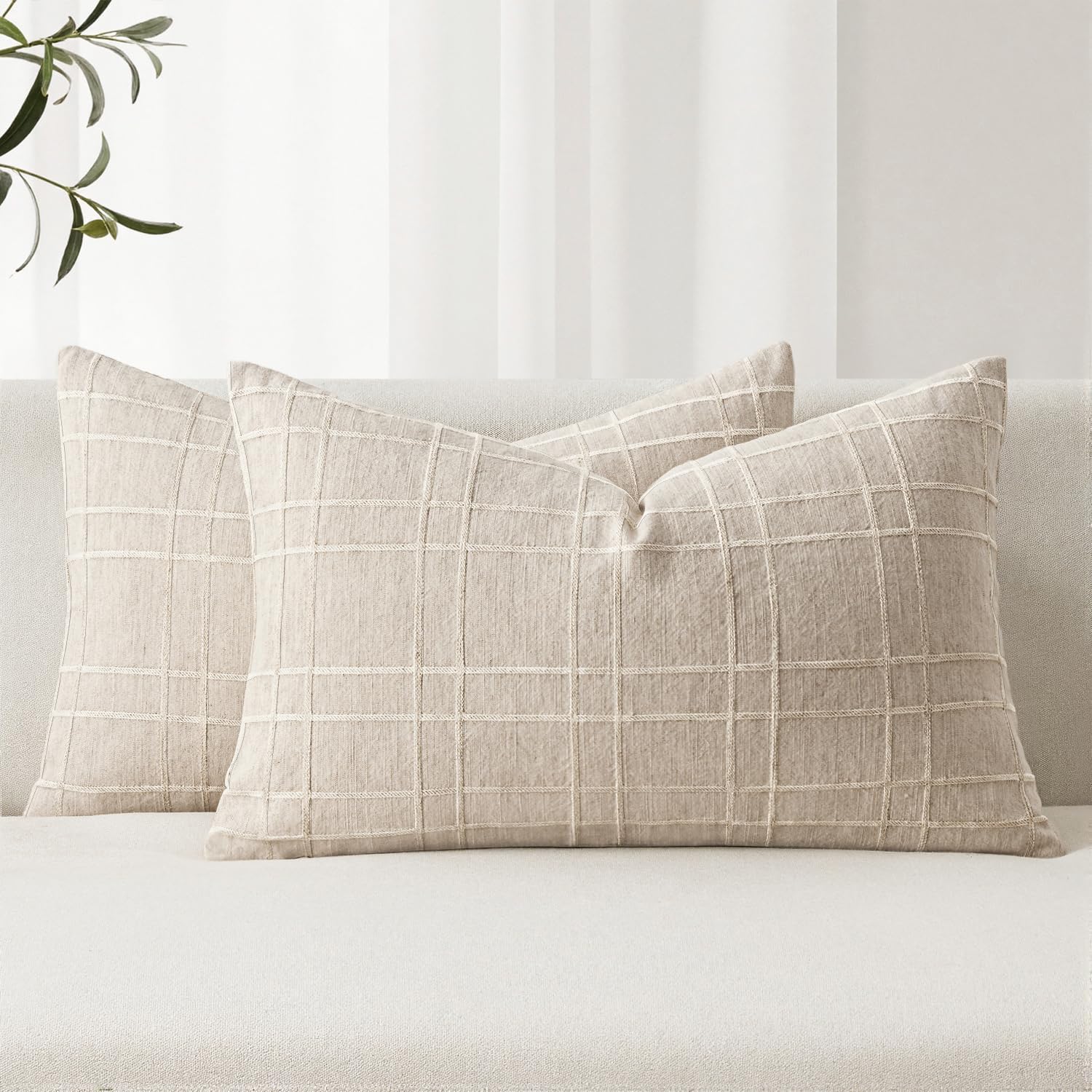 Beige Check Linen Pillow Covers 12x20 Set of 2