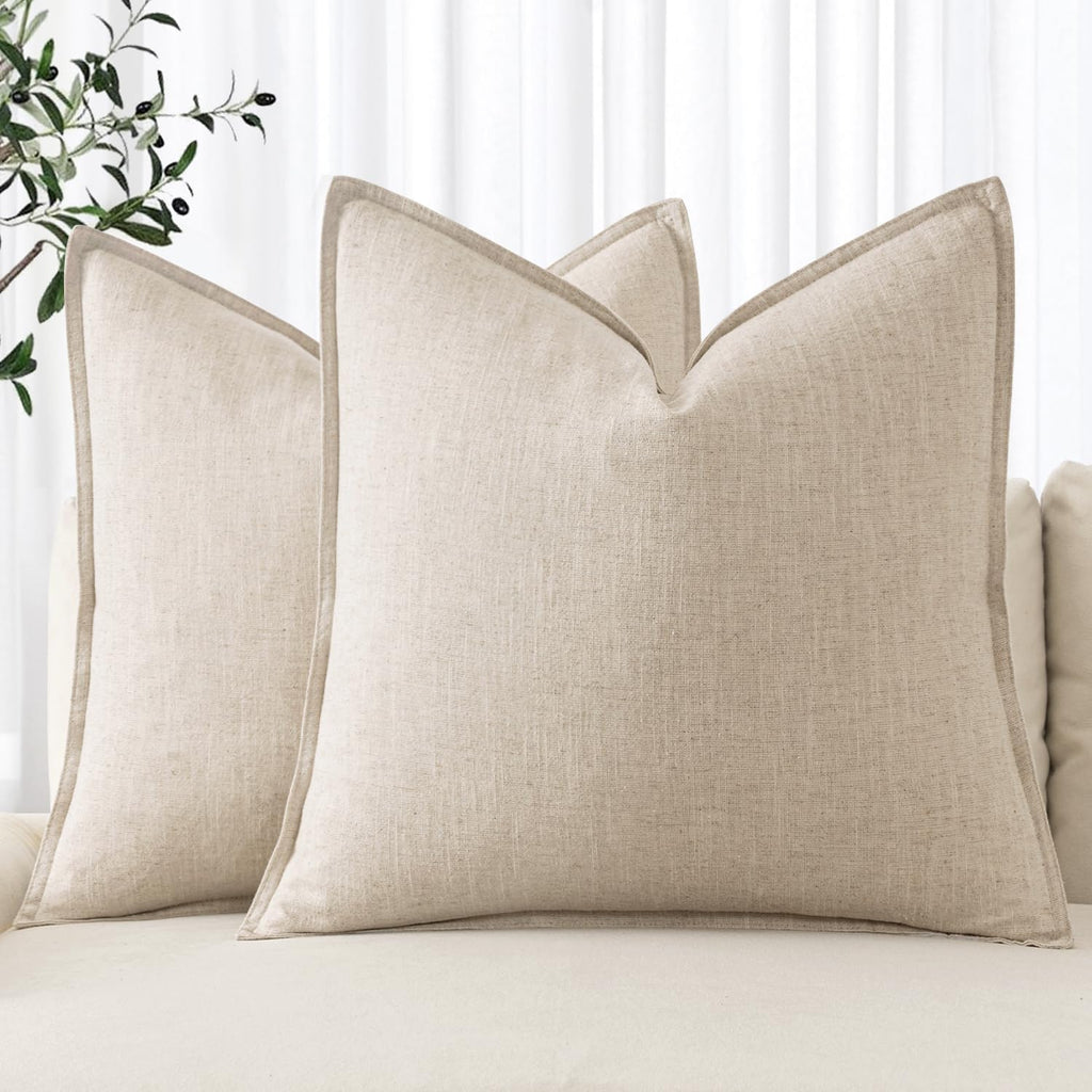 Beige Boho Linen Euro Pillow Covers 24"x24" 2 Pack
