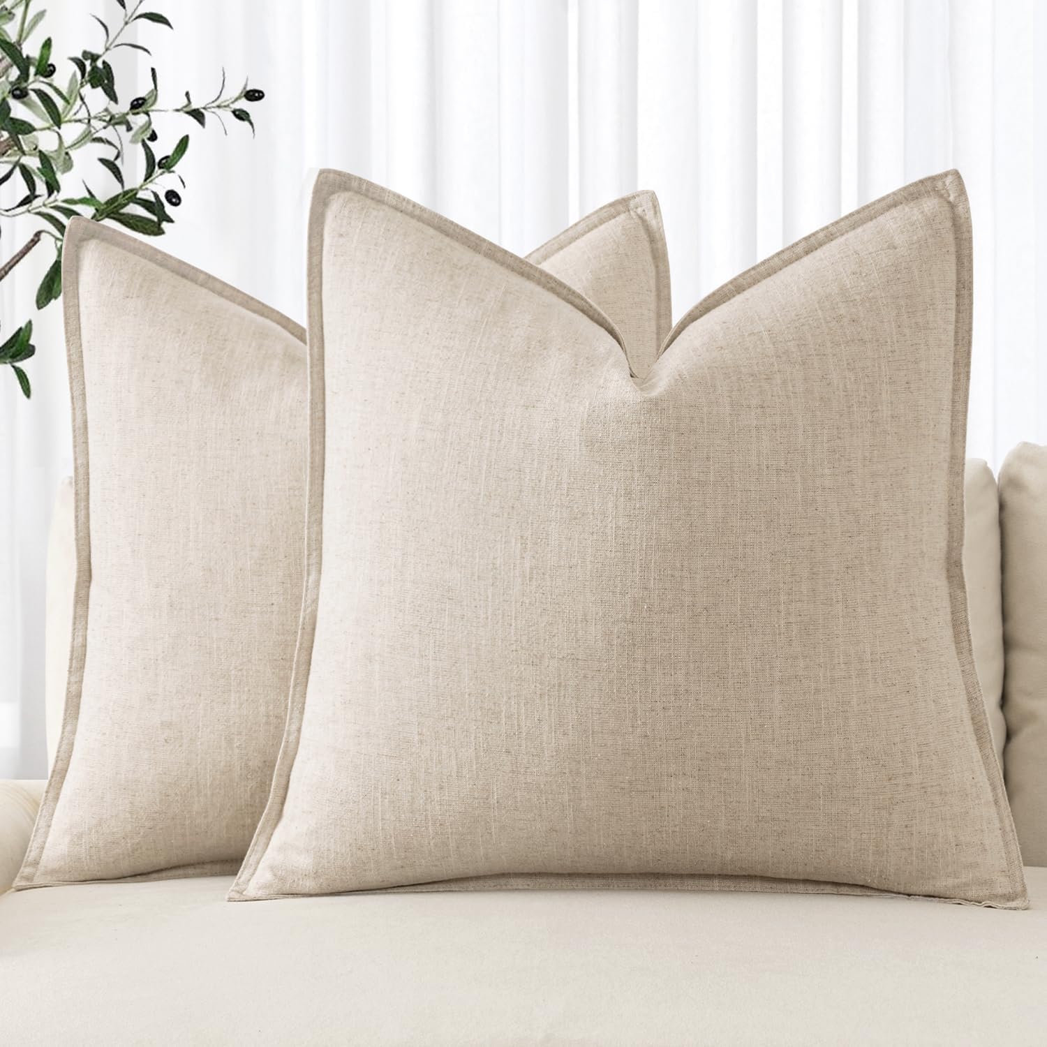 Beige Boho Linen Euro Pillow Covers 24"x24" 2 Pack