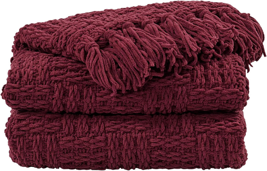 Burgundy Tassel Cable Knit Throw Blanket 50"x60"
