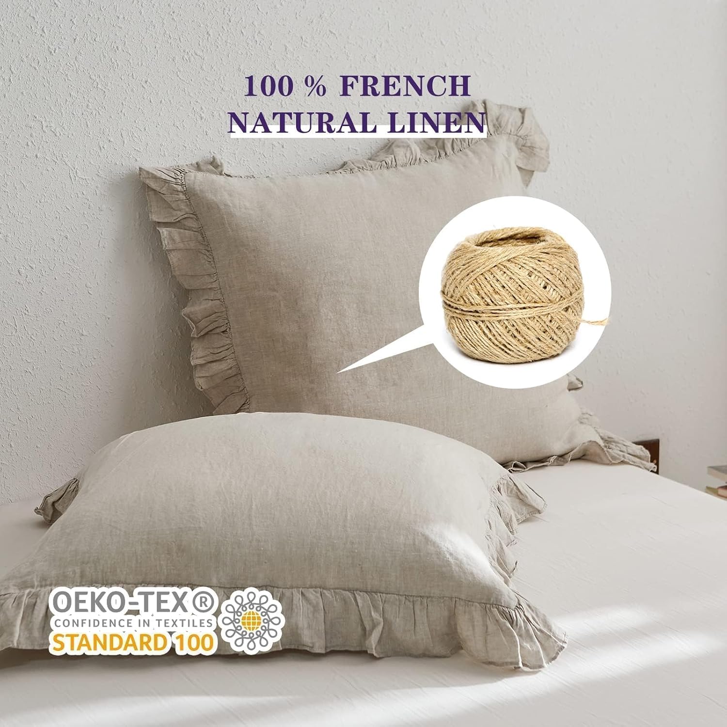 Natural Ruffled Linen Euro Pillow Covers 26"x26" Set of 2