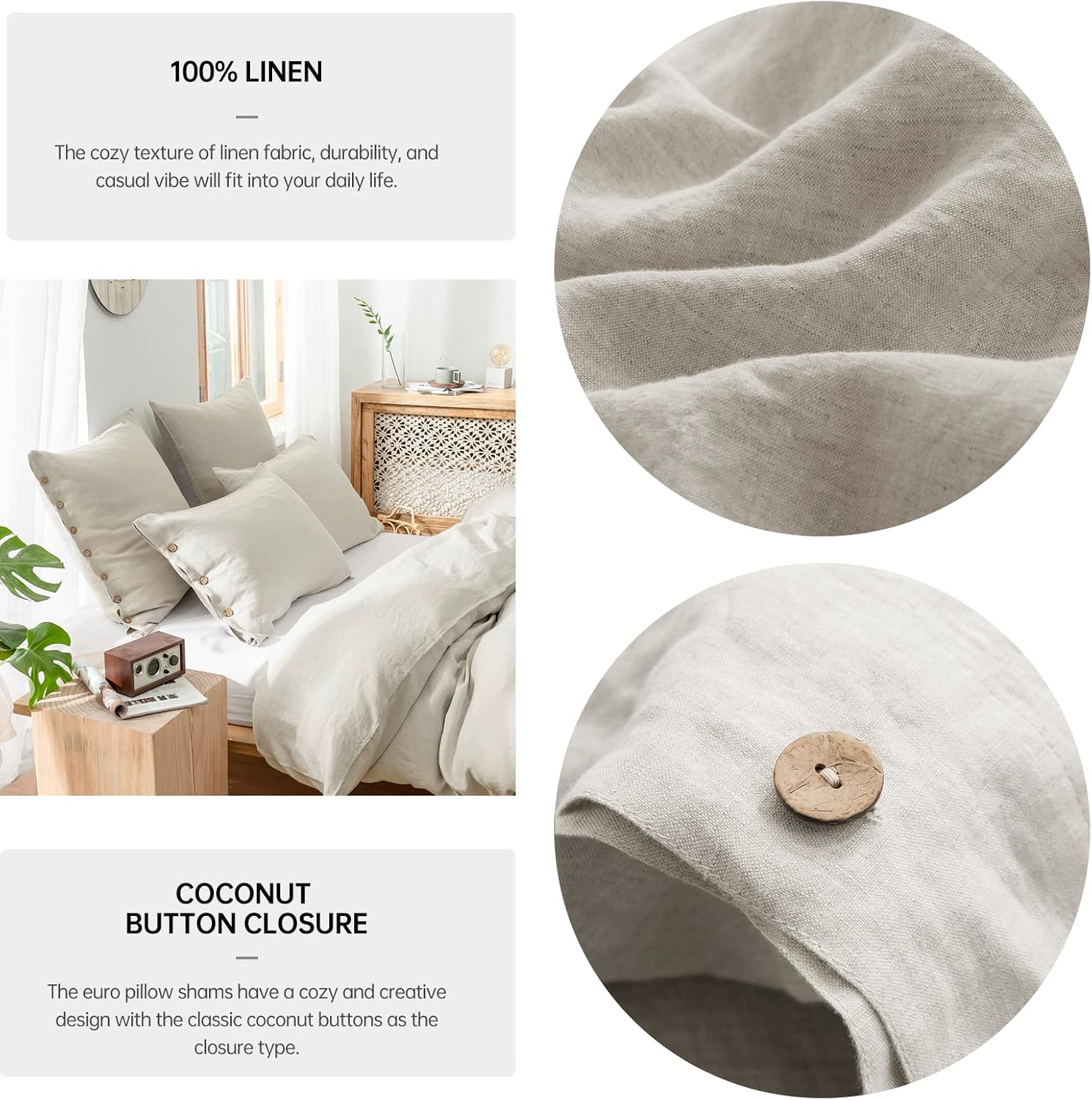 Natural Linen Coconut Button Euro Pillow Covers 26"x26" Set of 2