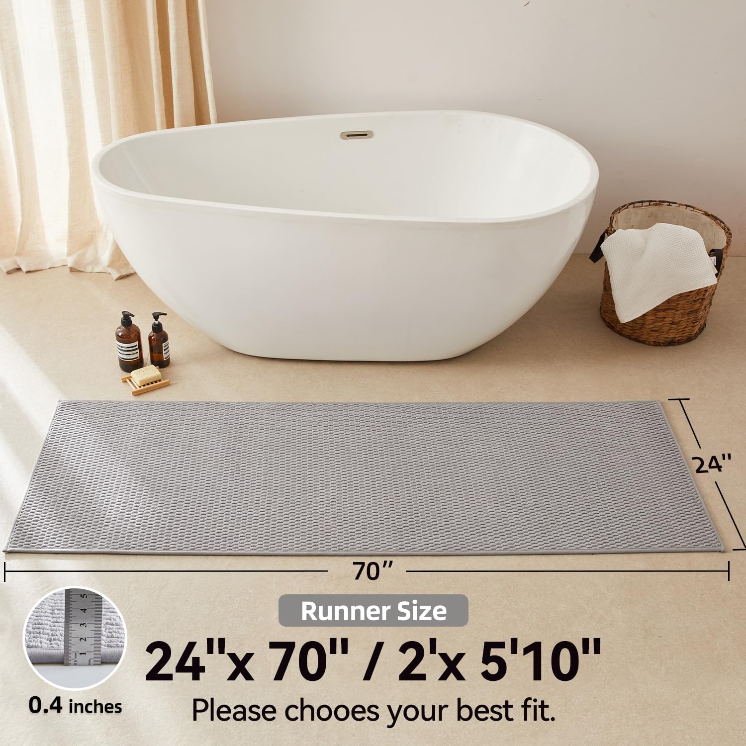 Light Grey Thin Washable Non Slip Bath Runner Rug 24"x70"