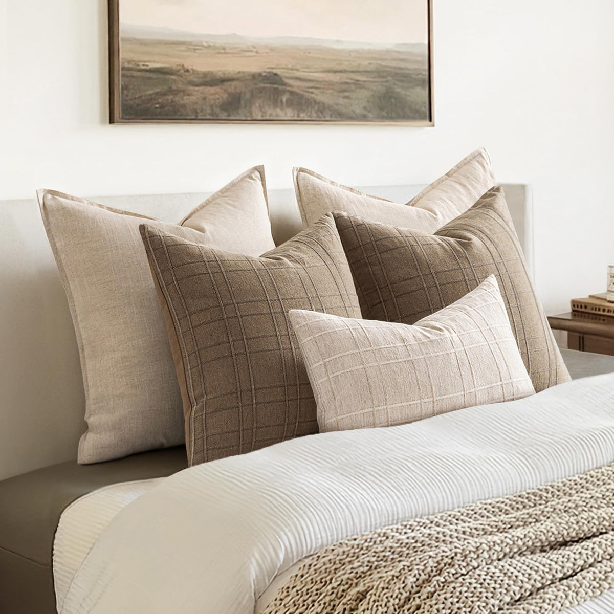 Beige Check Linen Pillow Covers 12x20 Set of 2