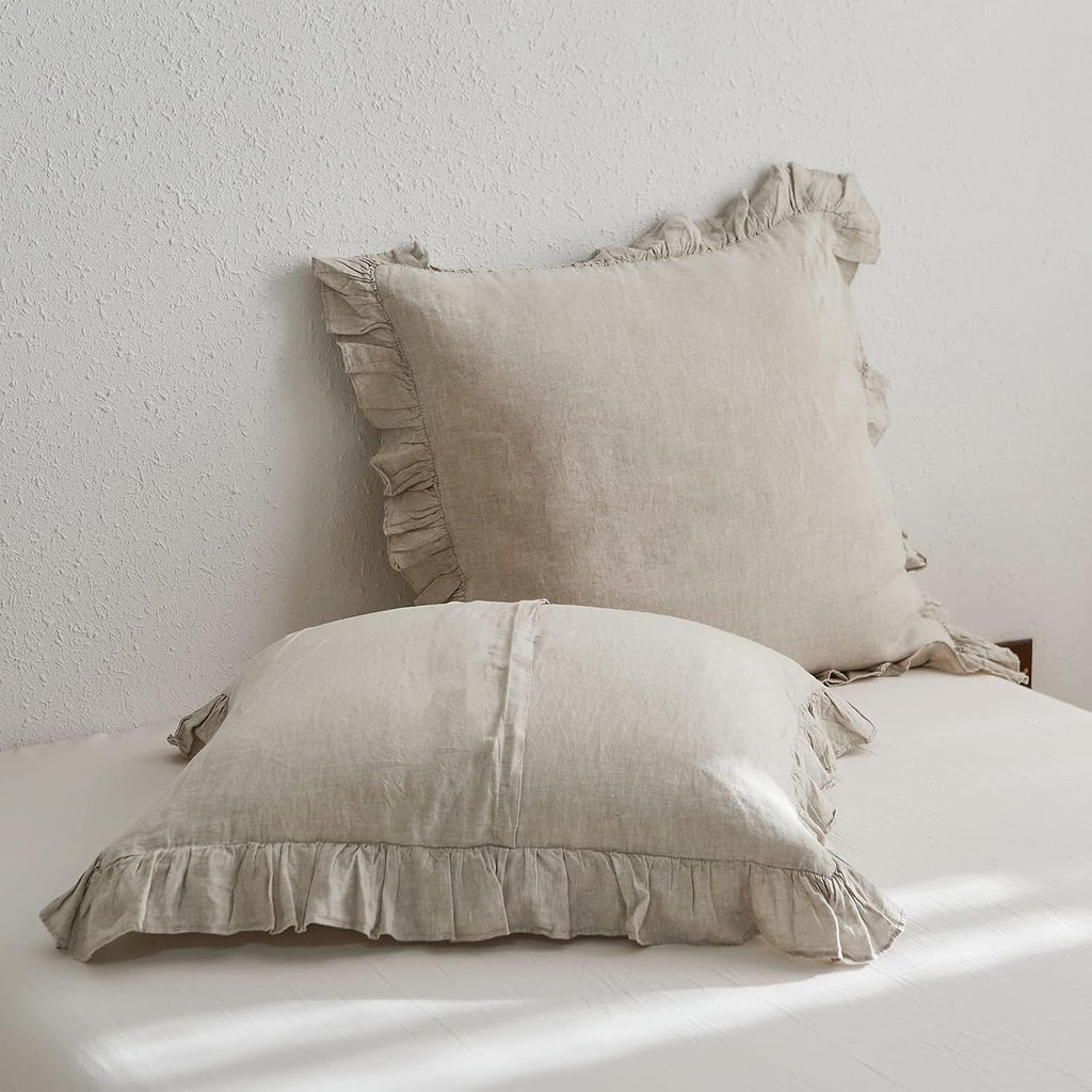 Natural Ruffled Linen Euro Pillow Covers 26"x26" Set of 2