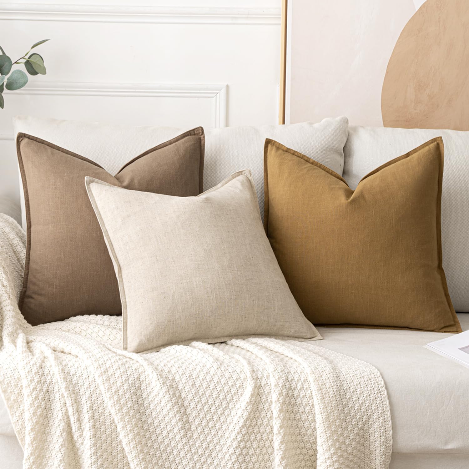 Beige Boho Linen Euro Pillow Covers 24"x24" 2 Pack