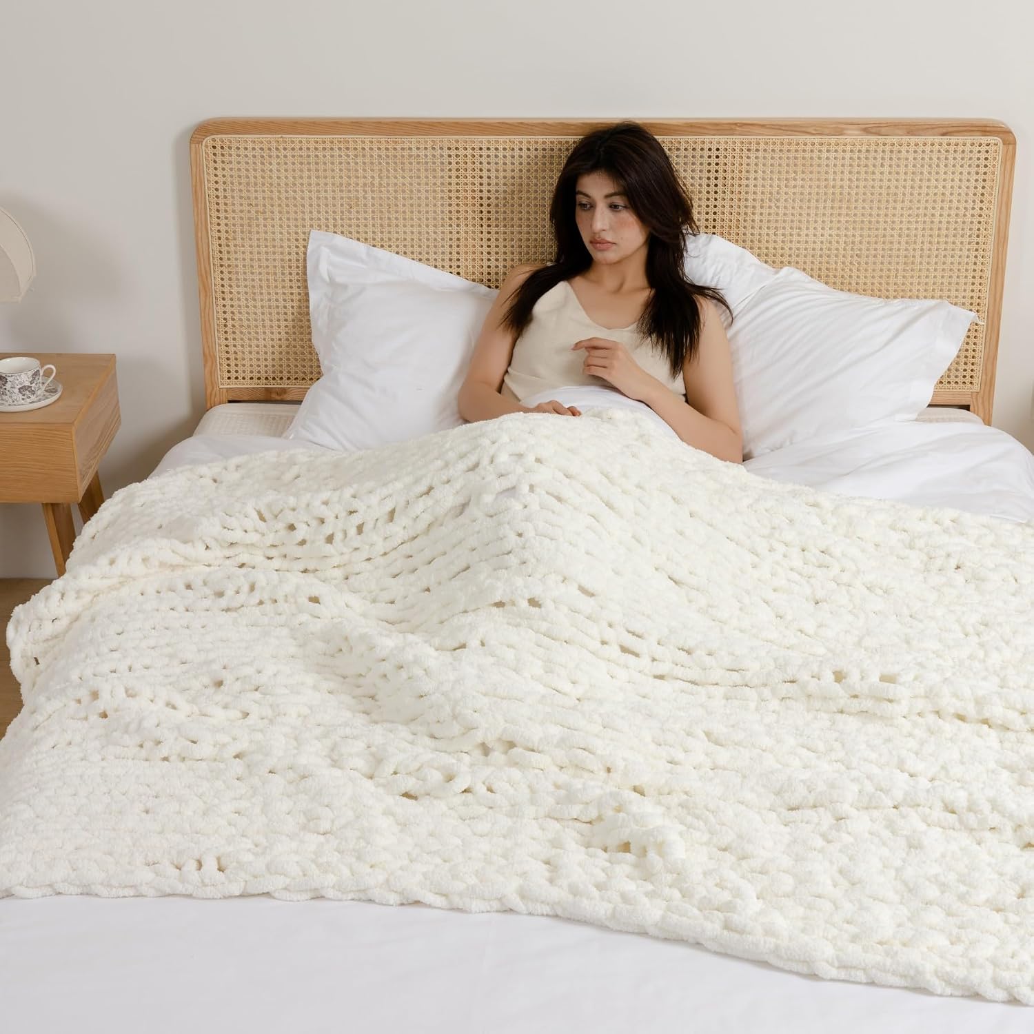 Cream Handmade Chunky Knit Throw Blanket