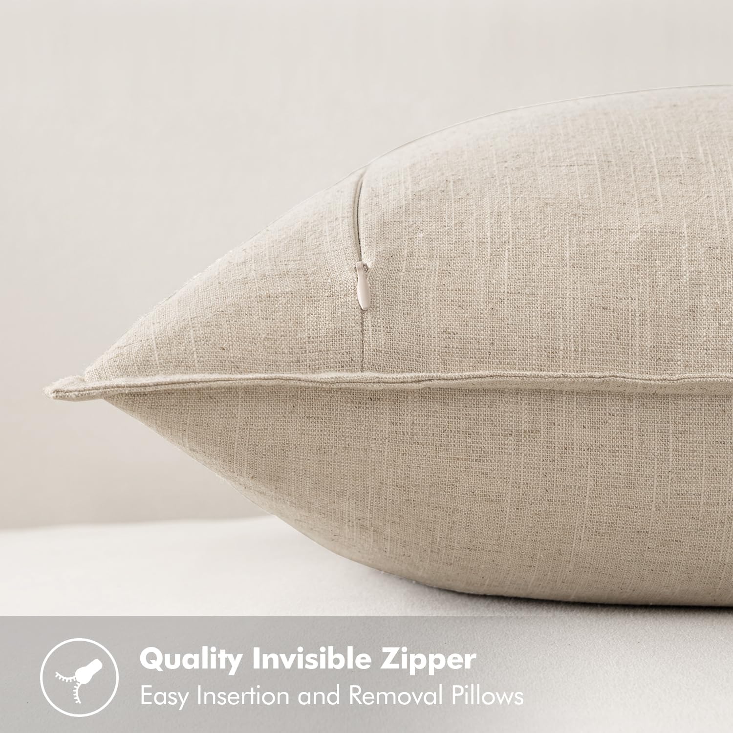 Beige Boho Linen Euro Pillow Covers 24"x24" 2 Pack