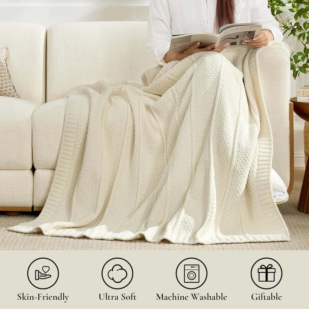 Cream Moss Stitch Chenille Knit Throw Blanket 50"x60"