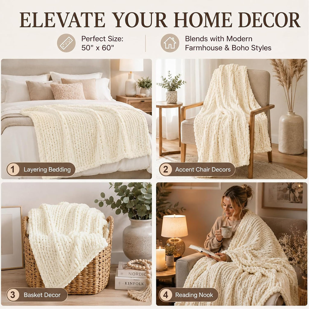 Boho Chunky Cable Knit Chenille Throw Blanket 50x60