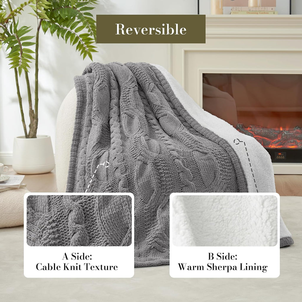Gray Chenille Sherpa Cable Knit Throw Blanket 50"x60"