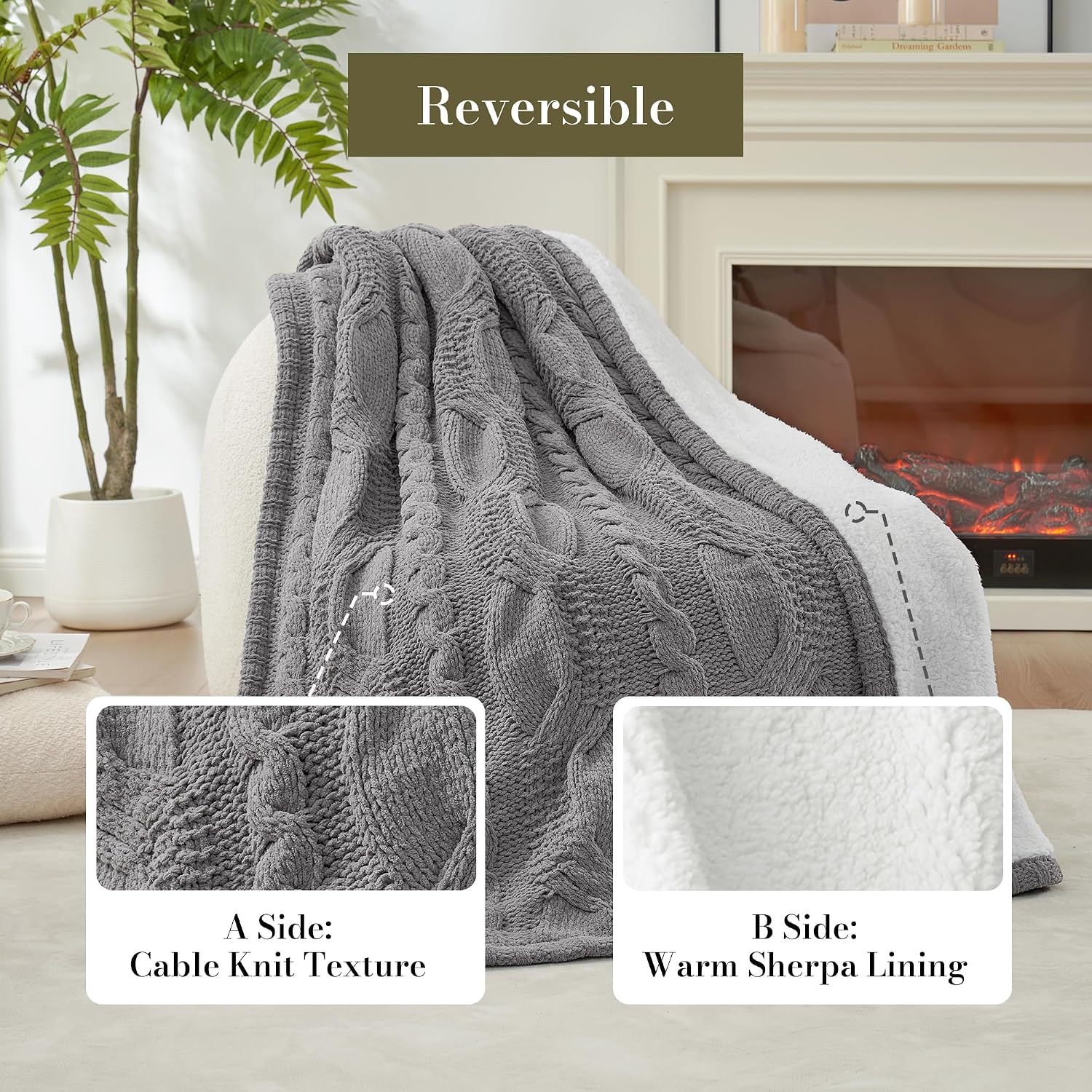 Gray Chenille Sherpa Cable Knit Throw Blanket 50"x60"