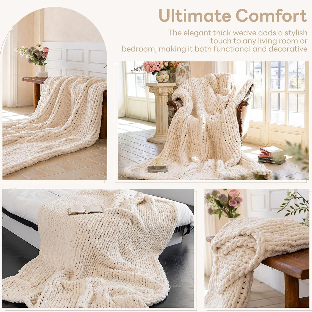 Cream Rope Knot Chunky Knit Throw Blanket 50"x60"