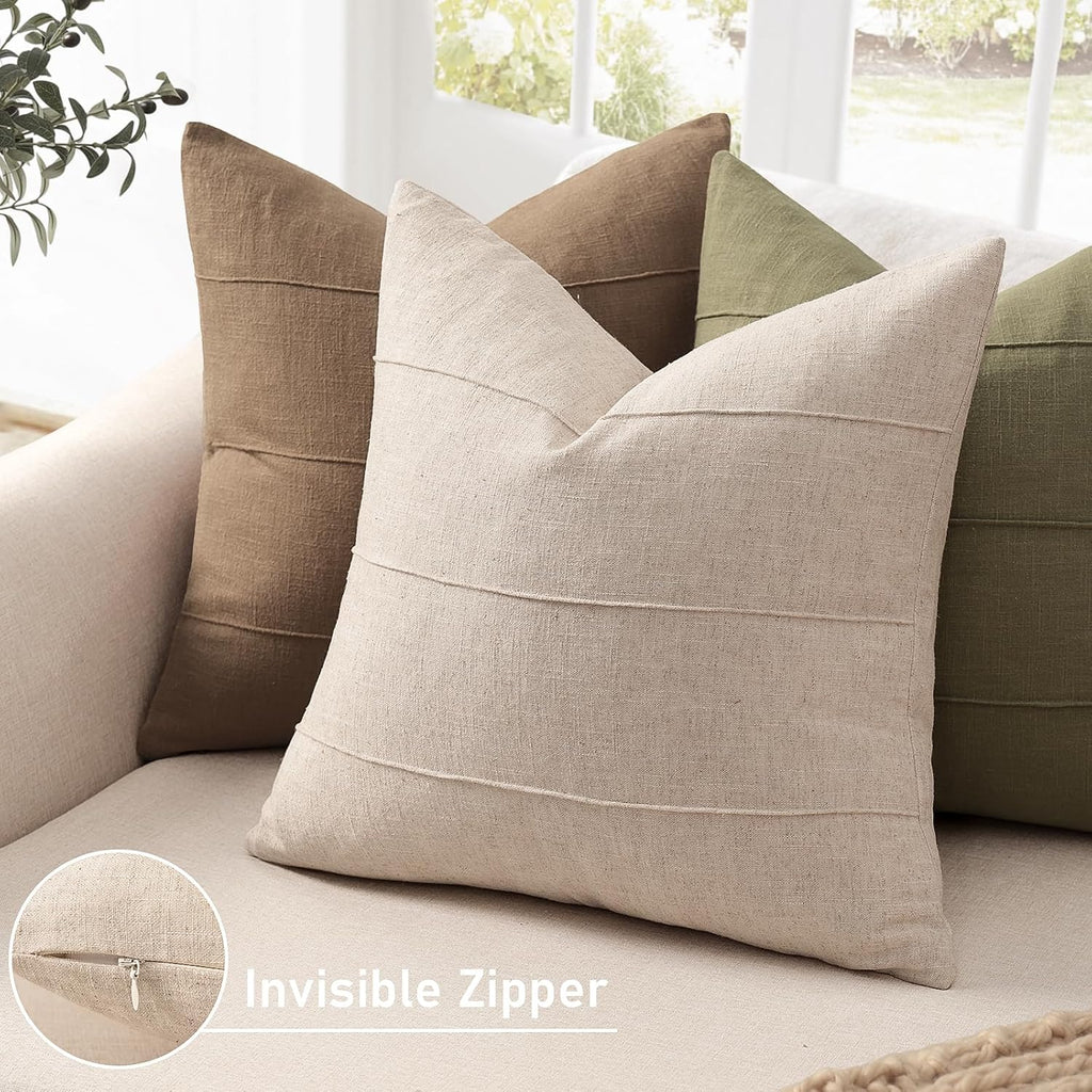 Natural Beige Striped Linen Pillow Covers 12x20 Set of 2