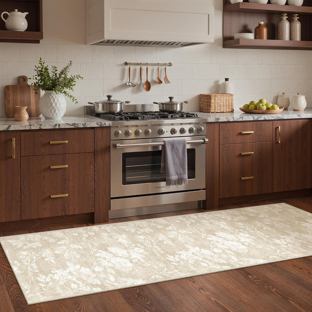 Beige Oriental Floral Washable Runner Rug 2x8