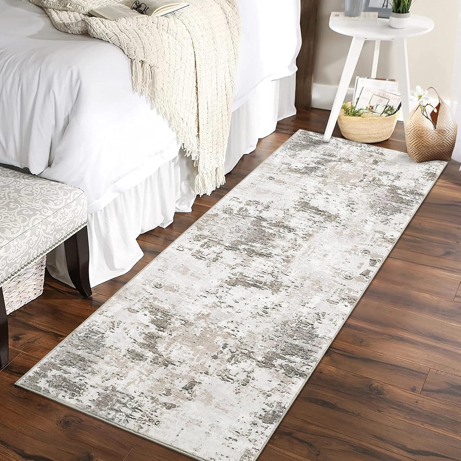 Taupe Beige Abstract Washable Runner Rug 2x6