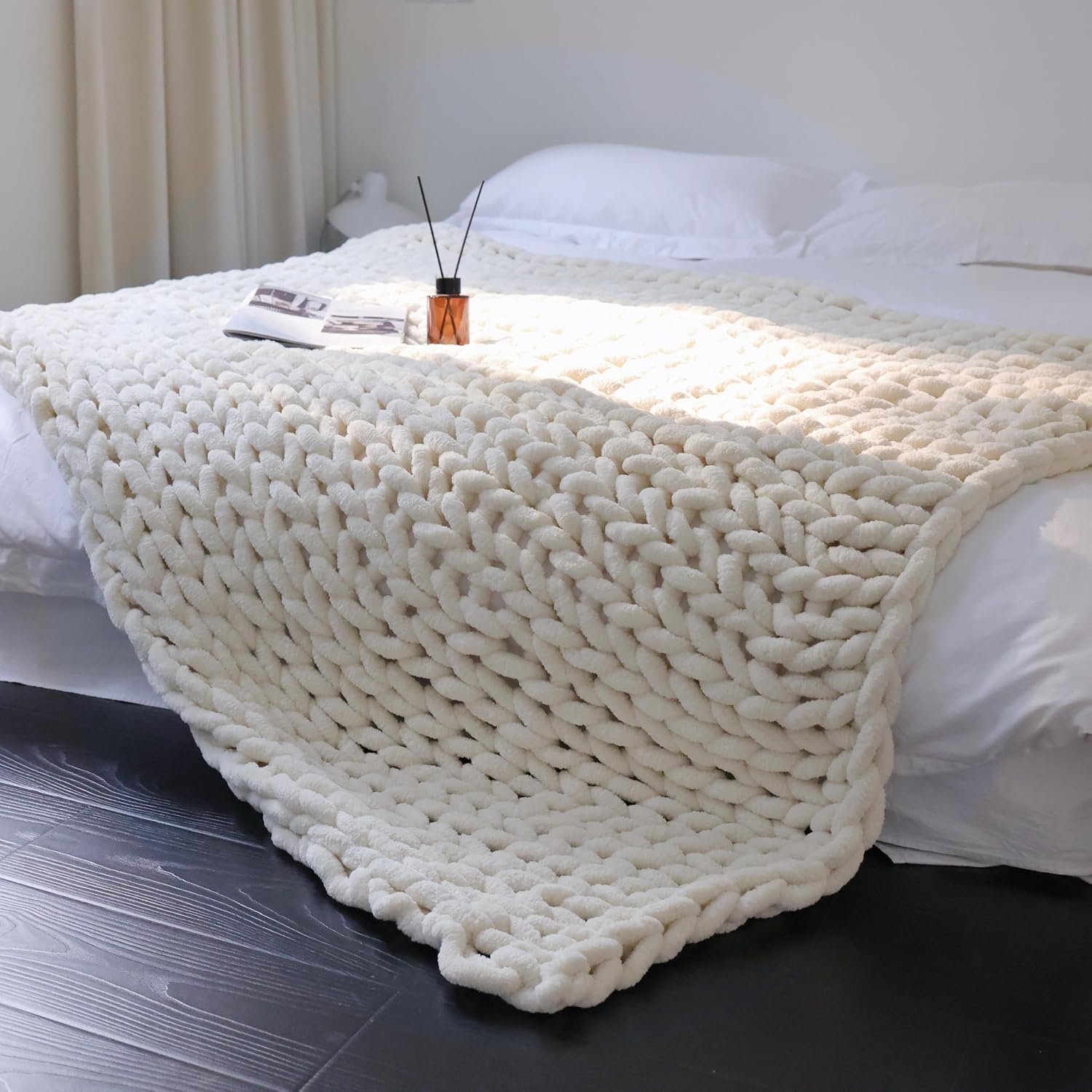 Cream Chunky Knit Chenille Throw Blanket 40"x50"
