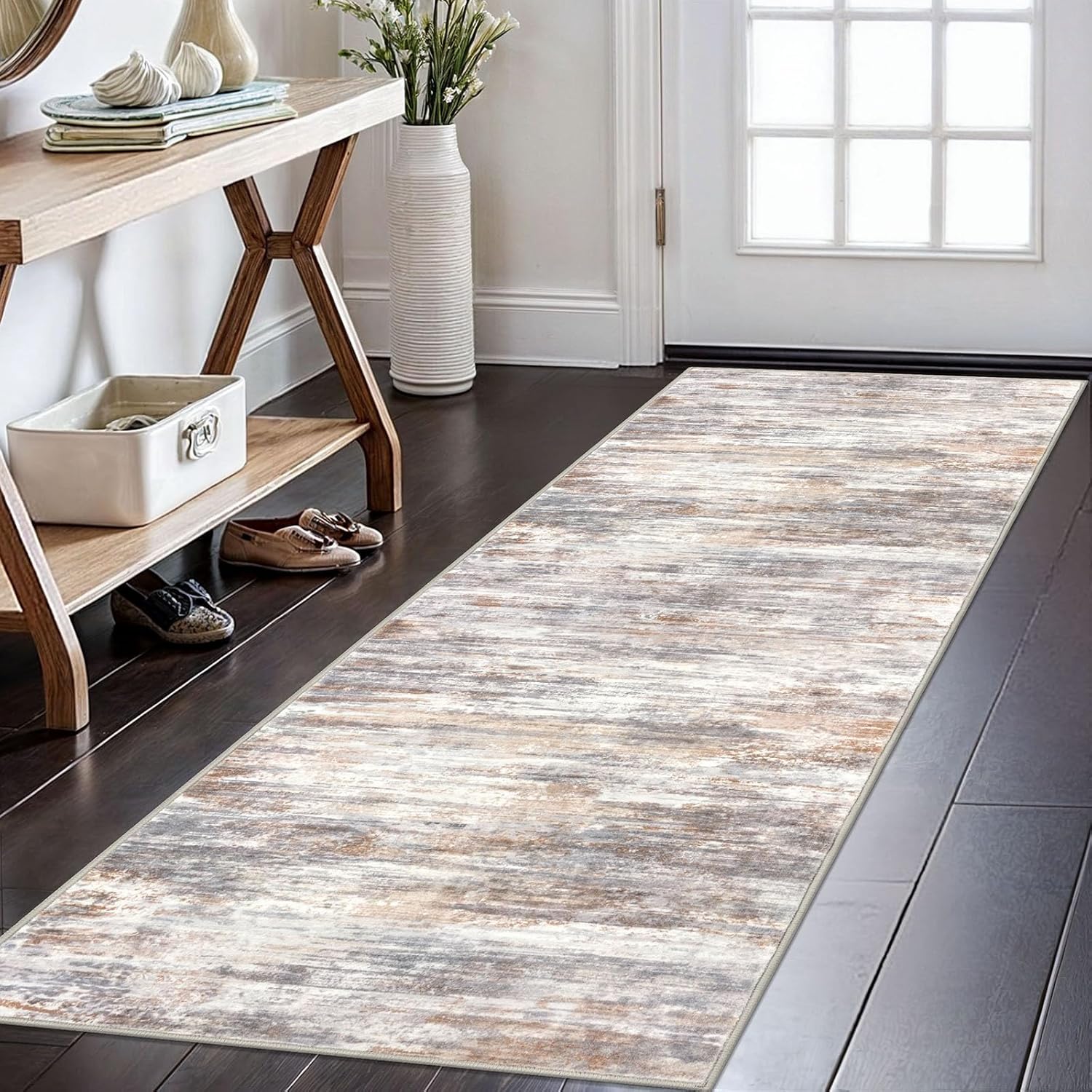 Grey Orange Abstract Washable Runner Rug 2x6