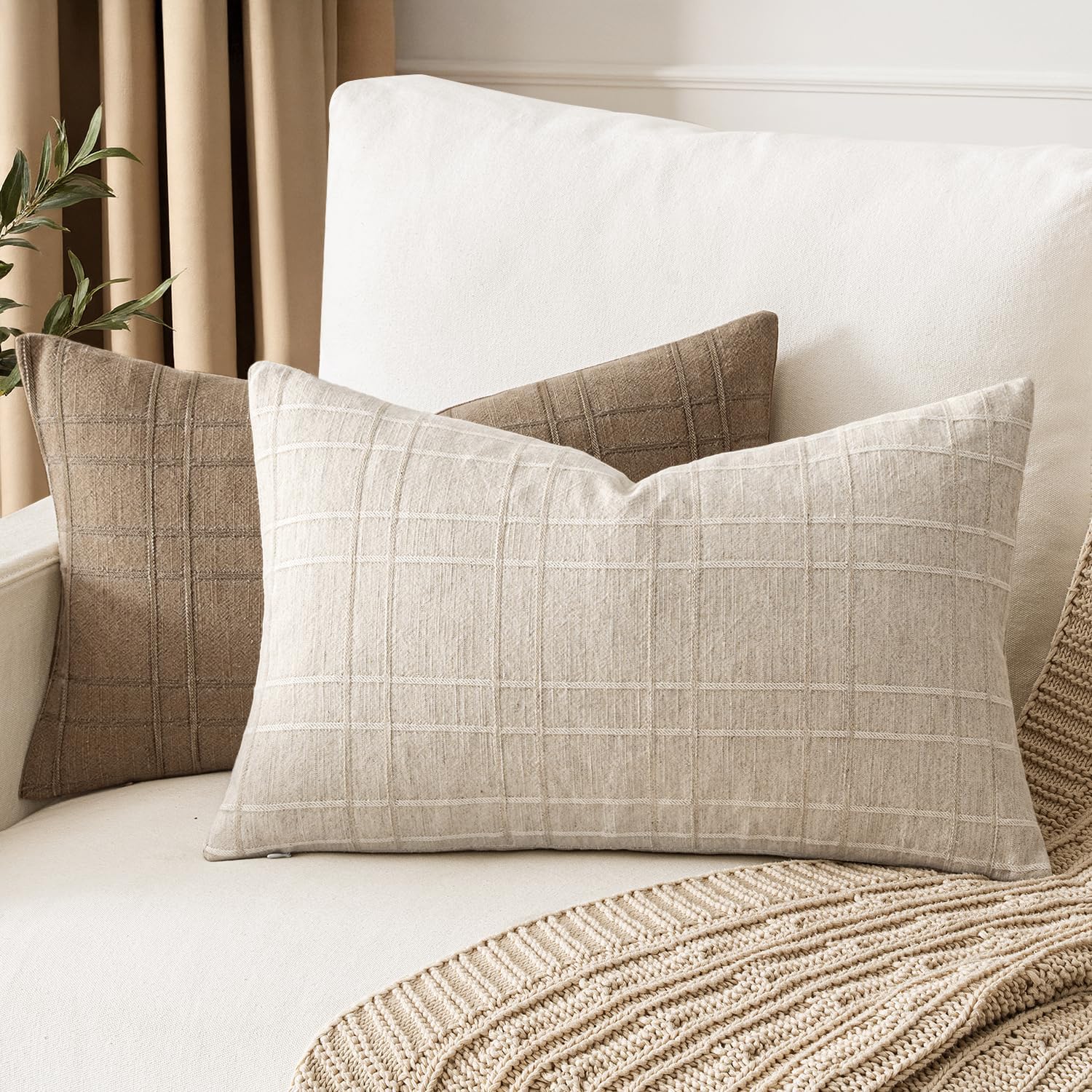 Beige Check Linen Pillow Covers 12x20 Set of 2