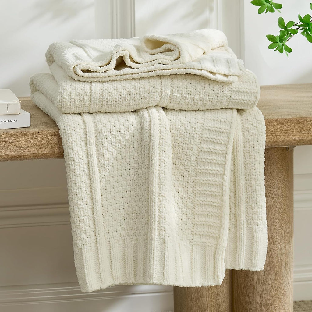 Cream Moss Stitch Chenille Knit Throw Blanket 50"x60"