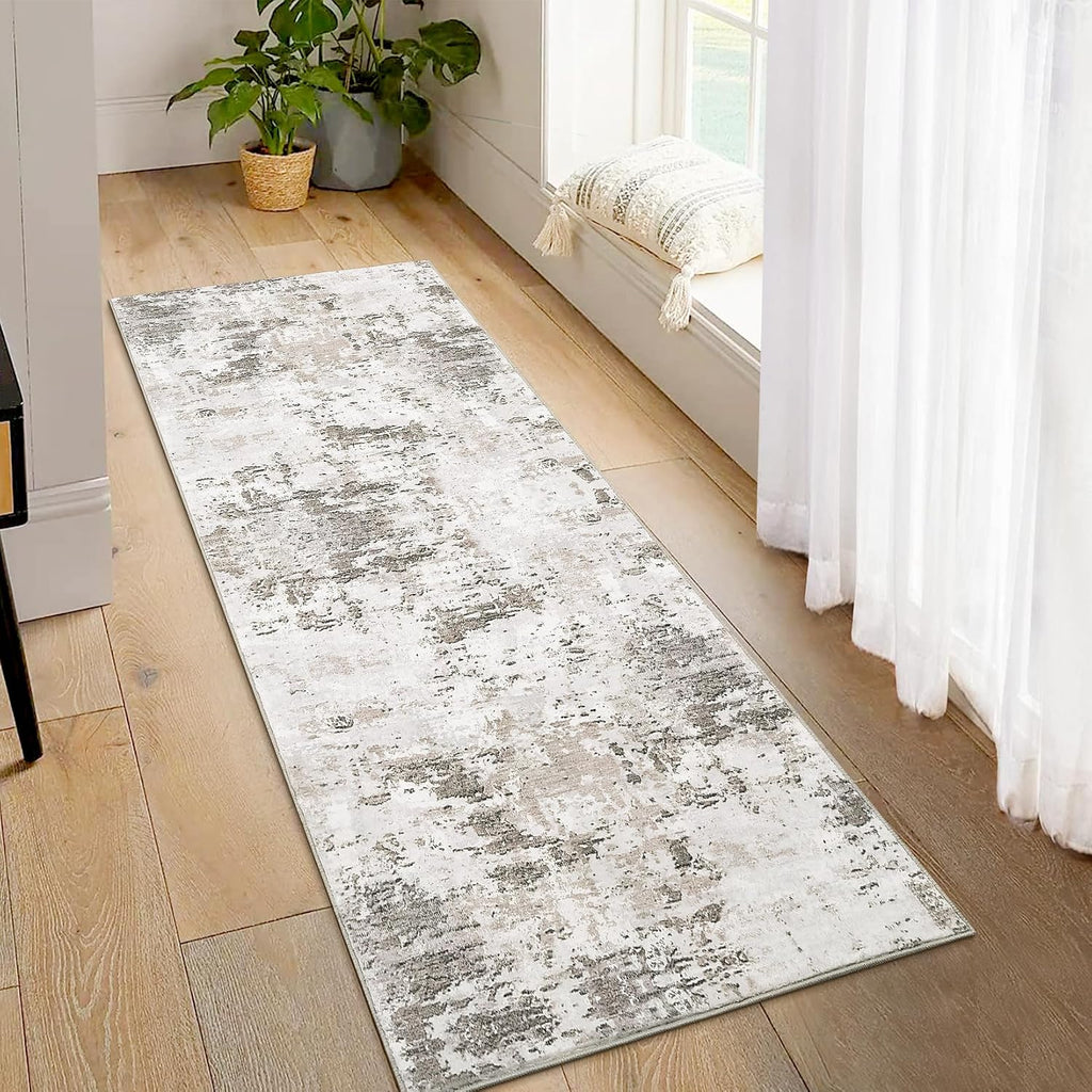 Taupe Beige Abstract Washable Runner Rug 2x6