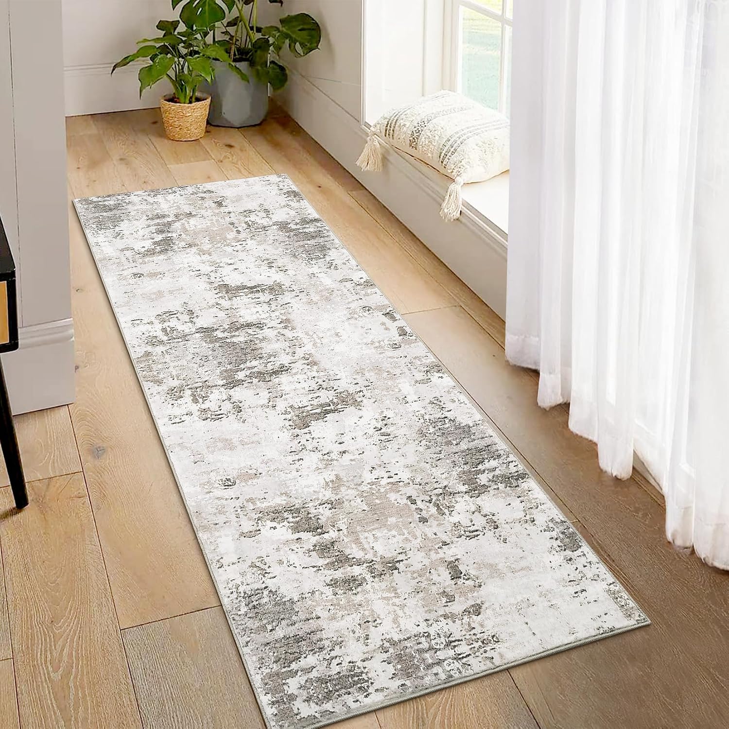 Taupe Beige Abstract Washable Runner Rug 2x6
