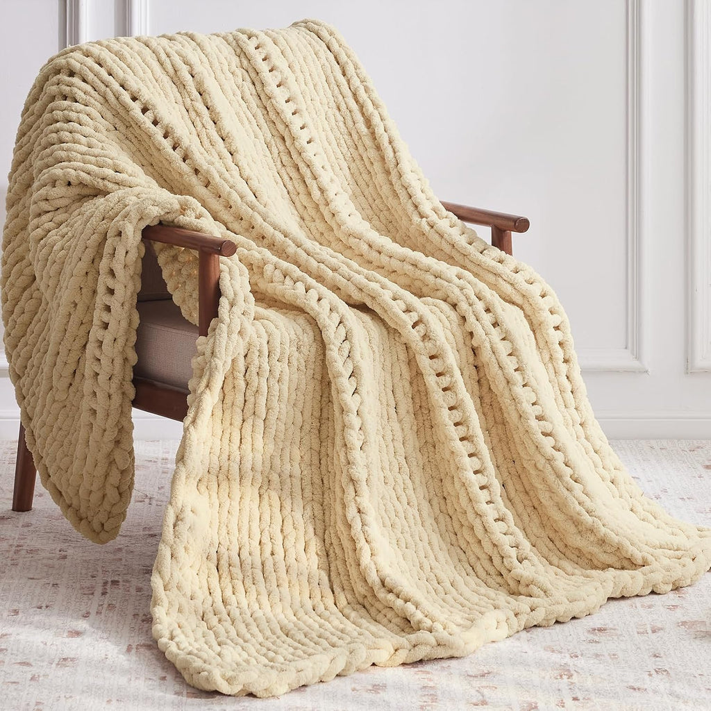 Oatmeal Hand Crochet Chunky Chenille Throw Blanket 30"x40"