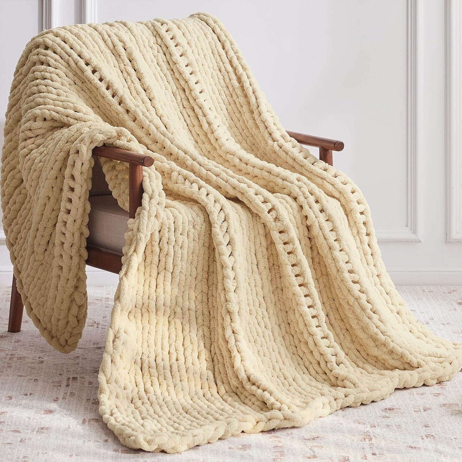 Oatmeal Hand Crochet Chunky Chenille Throw Blanket 30"x40"