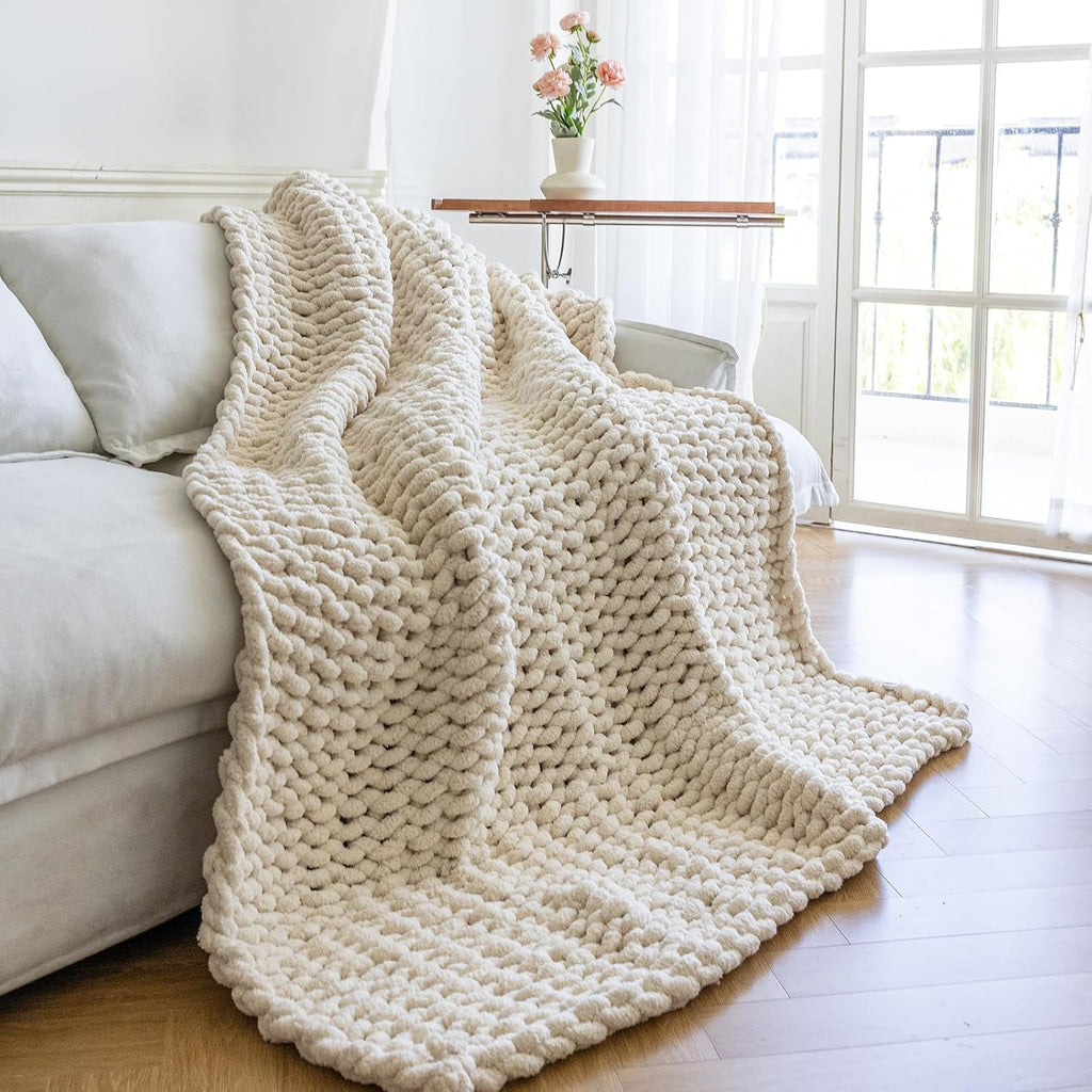 Cream Rope Knot Chunky Knit Throw Blanket 50"x60"