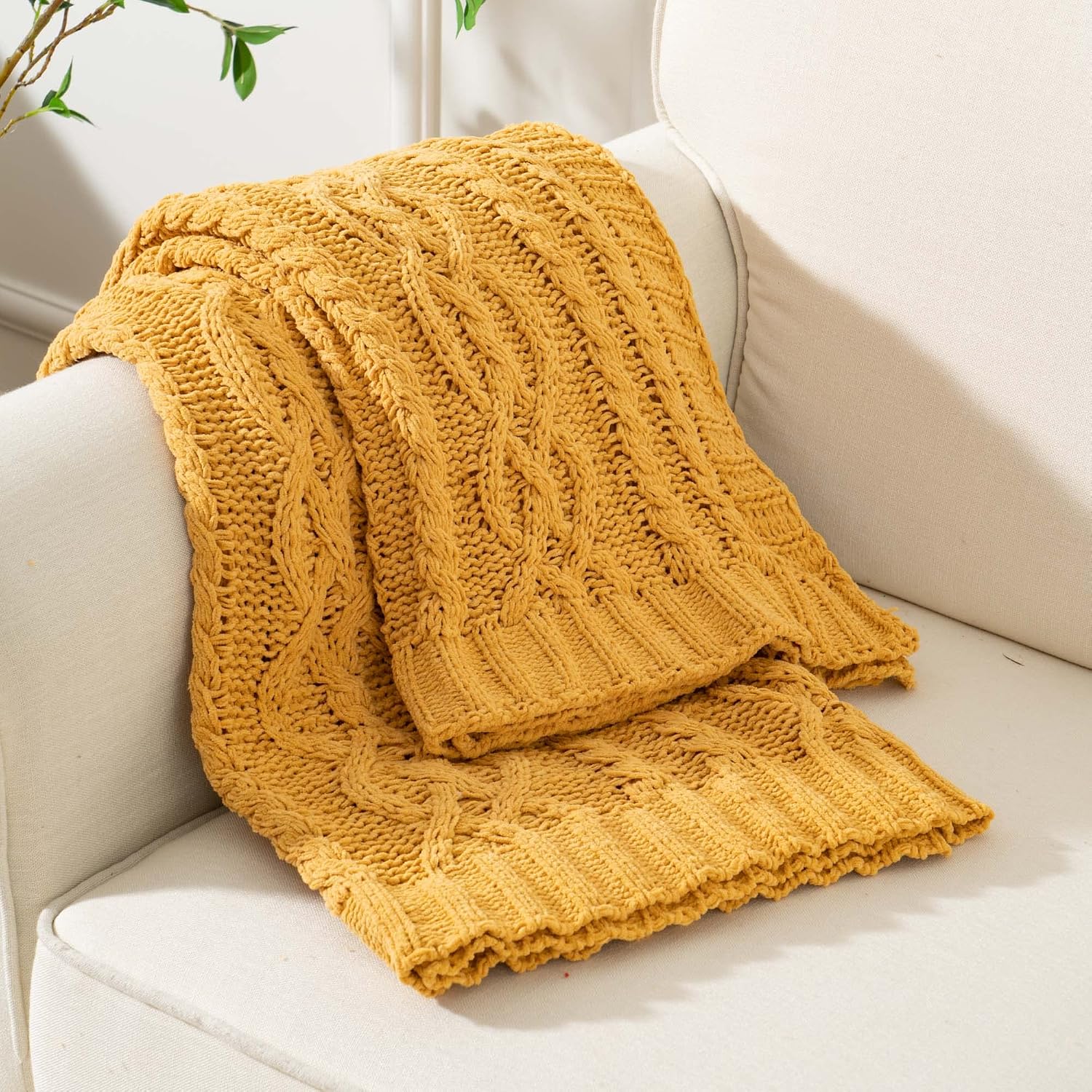 Mustard Yellow Chenille Knit Throw Blanket 51"x67"
