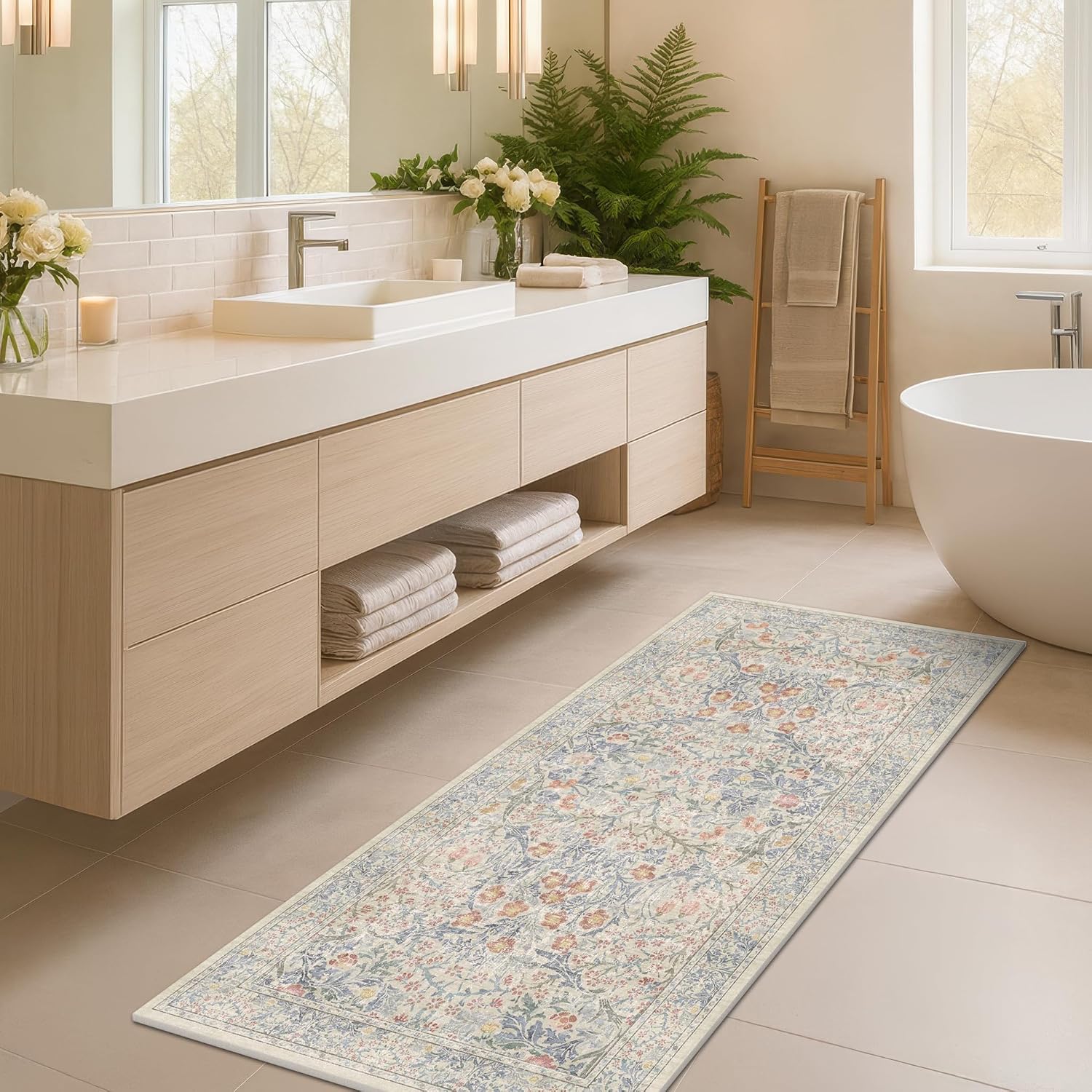 Beige Blue Vintage Washable Bath Runner Rug 2x5