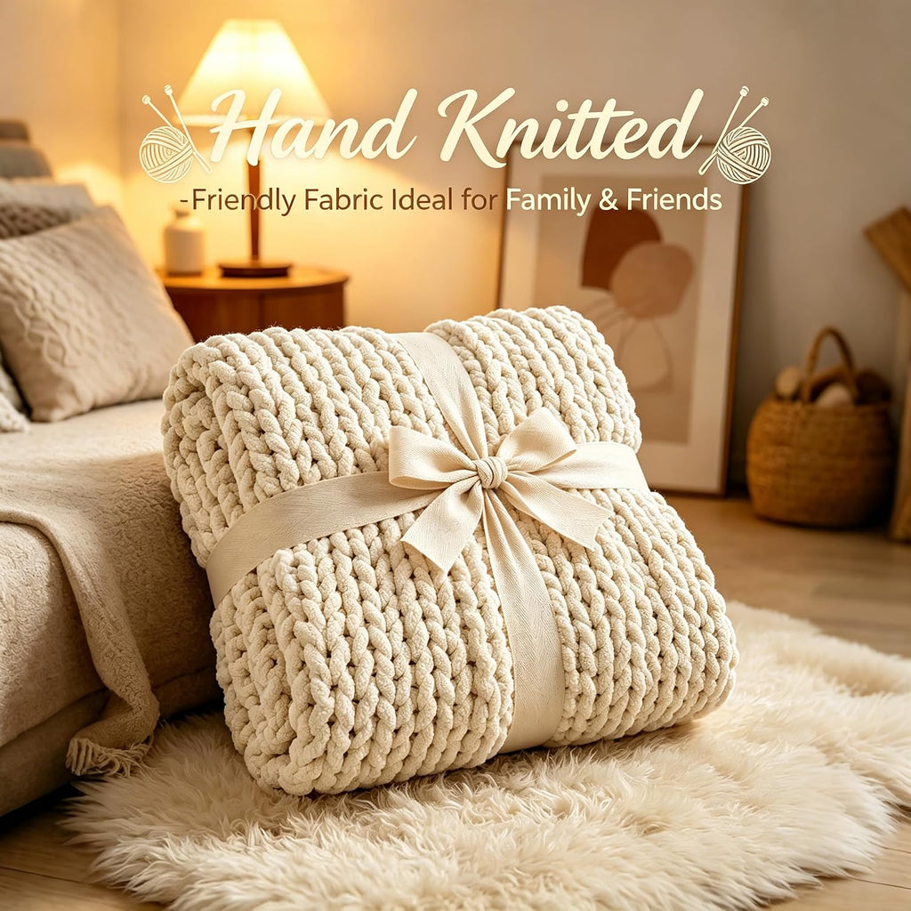 Ivory Hand Knit Chenille Chunky Throw Blanket 40"x50"