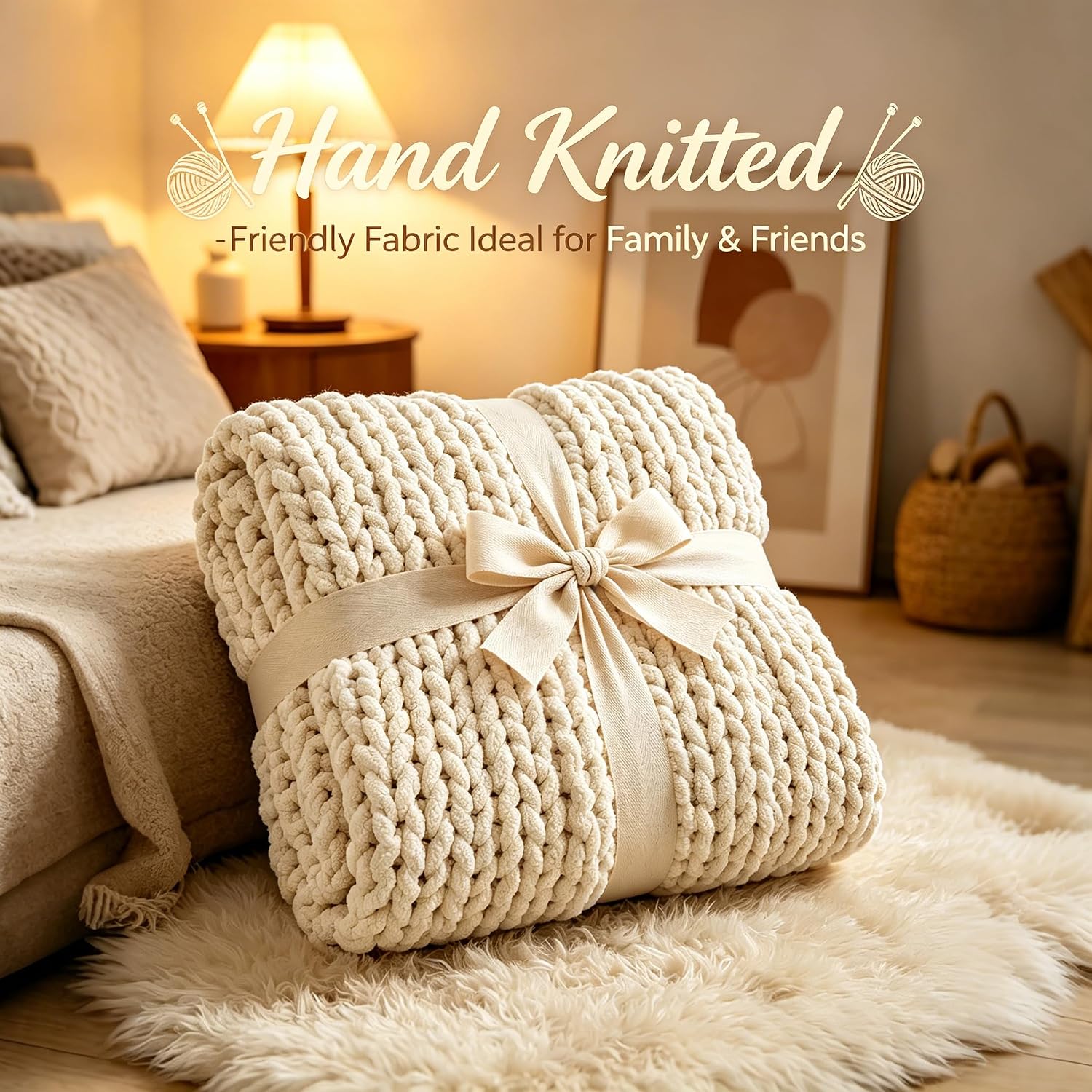 Ivory Hand Knit Chenille Chunky Throw Blanket 40"x50"