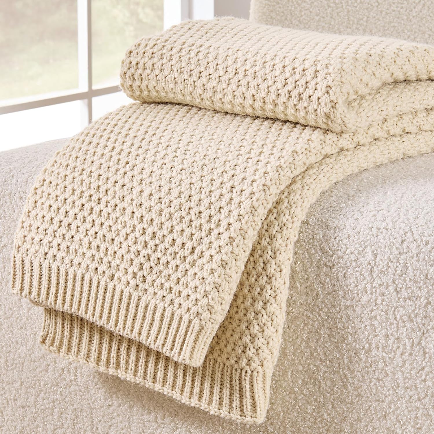 Ivory Beige Reversible Moss Cable Knit Throw Blanket 50"x60"