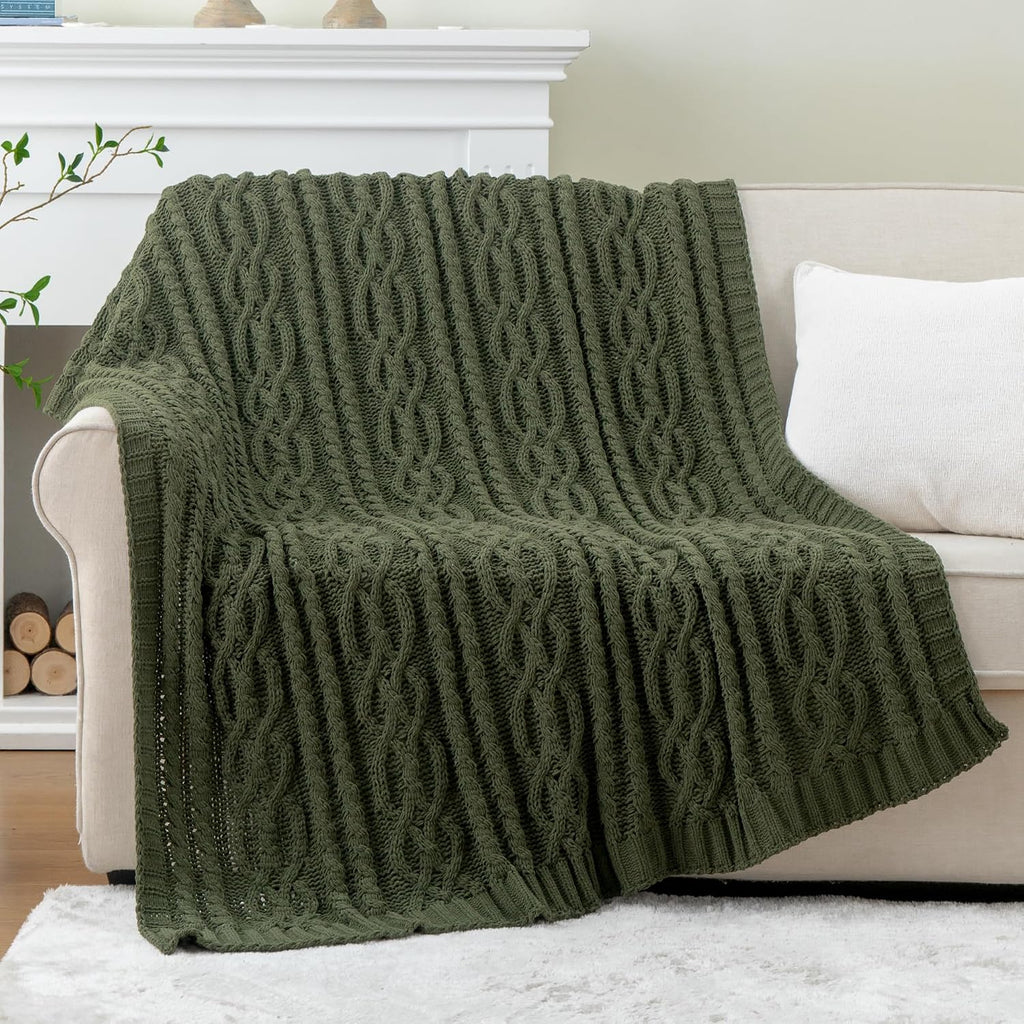 Olive Green Chunky Cable Knit Chenille Throw Blanket 51"x67"
