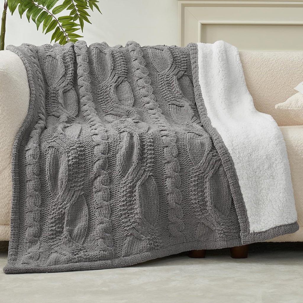 Gray Chenille Sherpa Cable Knit Throw Blanket 50"x60"