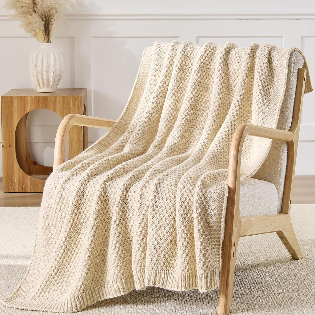 Ivory Beige Reversible Moss Cable Knit Throw Blanket 50"x60"