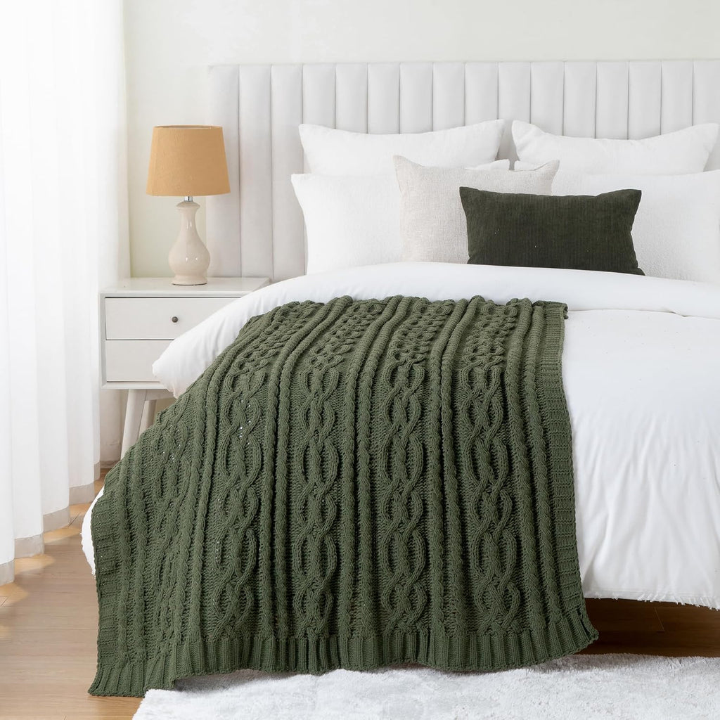 Olive Green Chunky Cable Knit Chenille Throw Blanket 51"x67"
