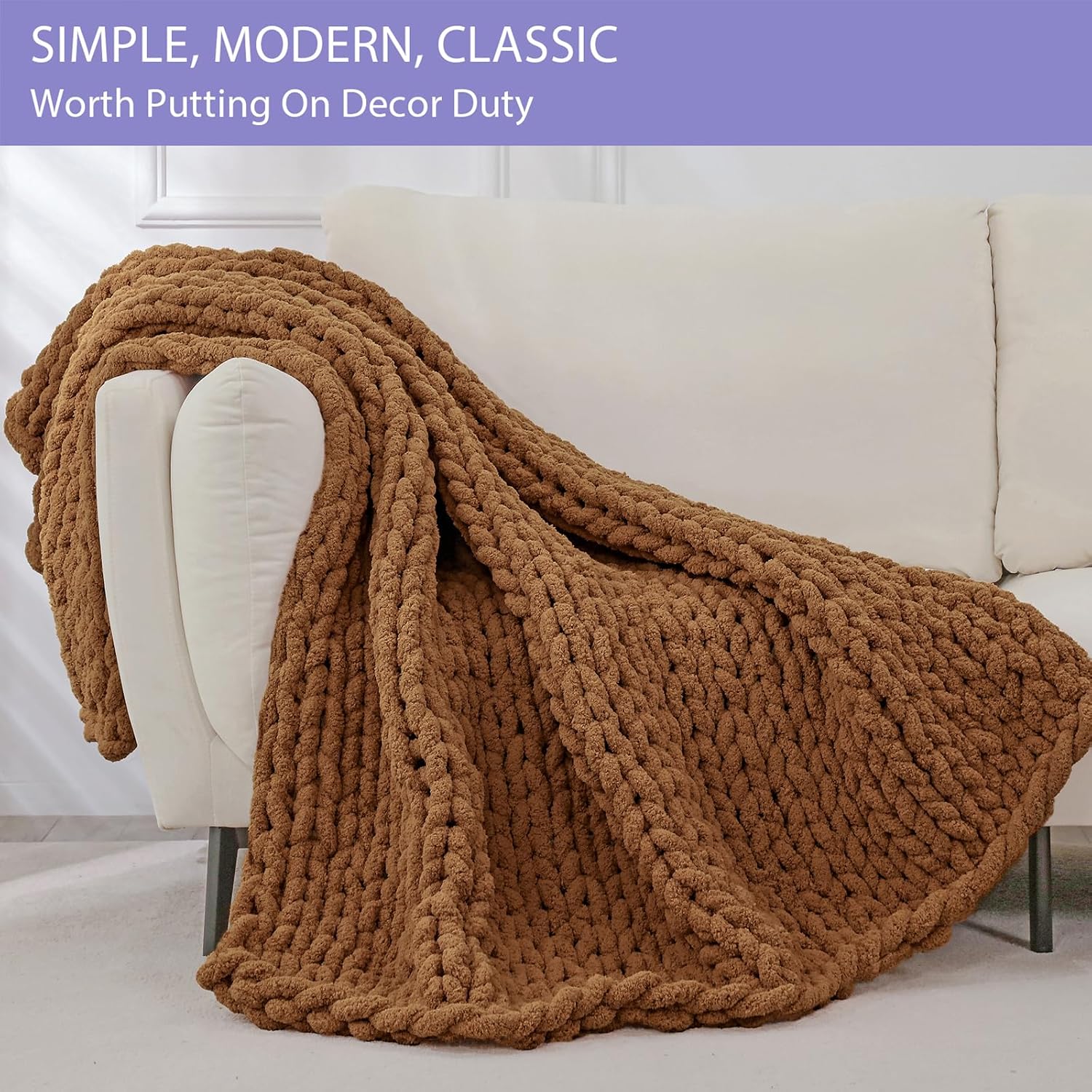 Caramel Hand Knit Chenille Throw Blanket