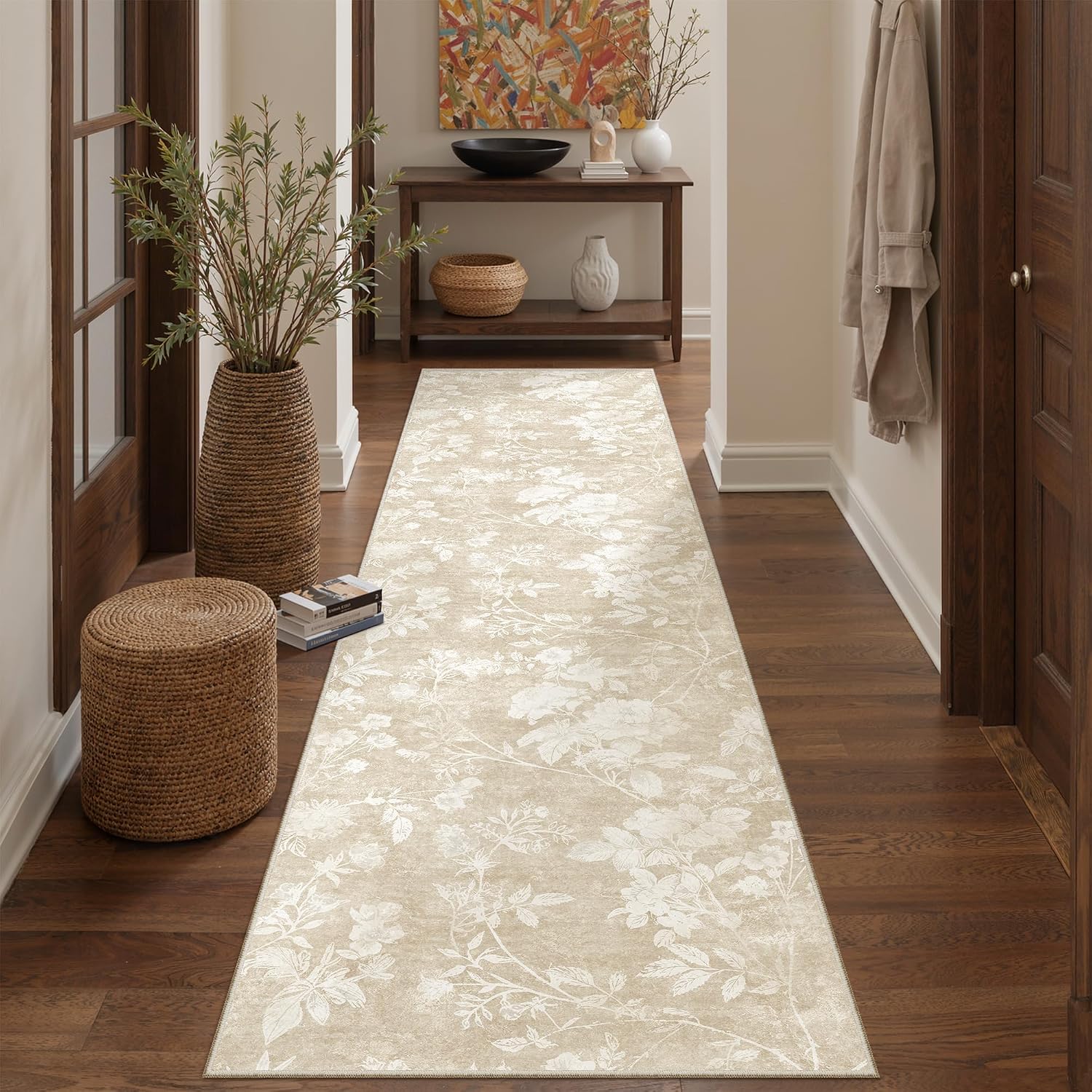 Beige Oriental Floral Washable Runner Rug 2x8