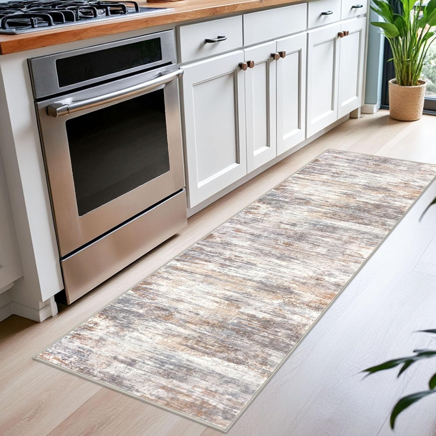 Grey Orange Abstract Washable Runner Rug 2x6