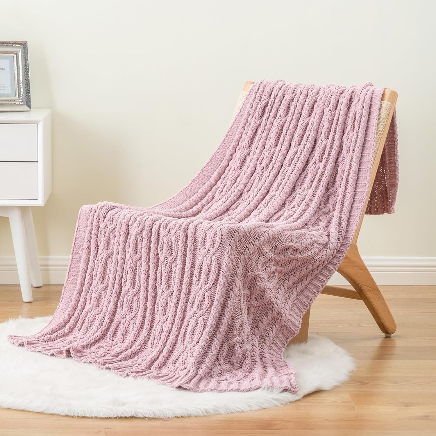 Blush Cable Knit Chenille Throw Blanket 51"x67"